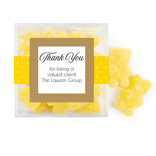 Personalized Dotted Thank You JUST CANDY favor cube with Sugar Sanded Gummy Bears