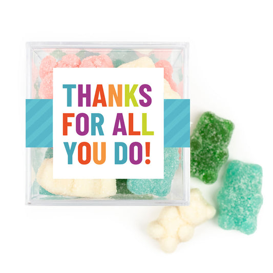 Colorful Thanks JUST CANDY® favor cube with Sugar Sanded Gummy Bears
