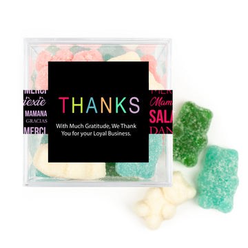 Personalized Thank You Languages JUST CANDY favor cube with Sugar Sanded Gummy Bears