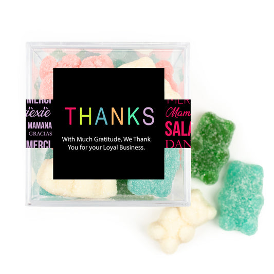 Personalized Thank You Languages JUST CANDY® favor cube with Sugar Sanded Gummy Bears