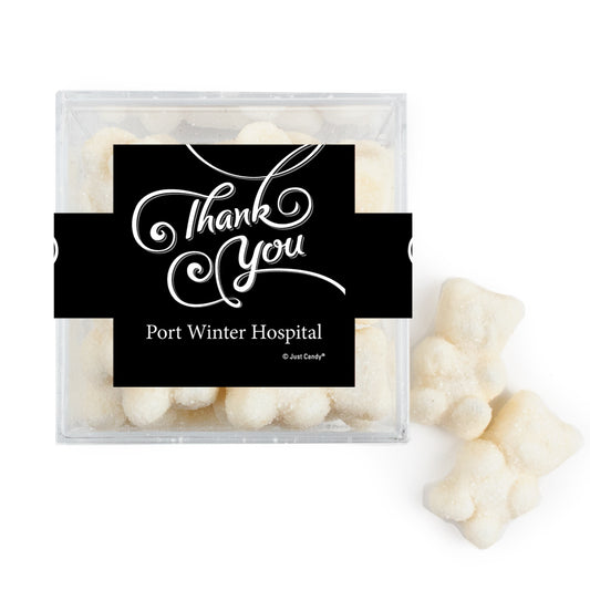Personalized Thank You Swirls JUST CANDY® favor cube with Sugar Sanded Gummy Bears