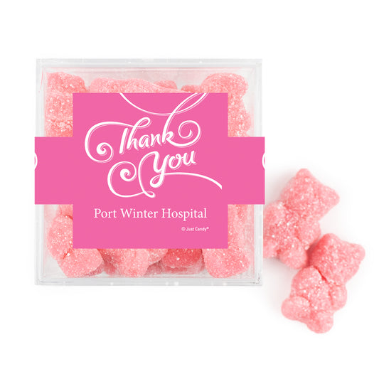 Personalized Thank Your Swirls JUST CANDY® favor cube with Gummy Bears