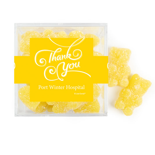 Personalized Thank You Swirls JUST CANDY® favor cube with Sugar Sanded Gummy Bears