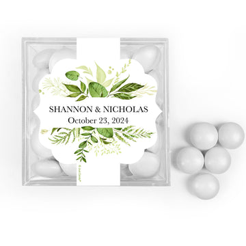 Personalized Wedding Botanical Greenery JUST CANDY favor cube with Just Candy Milk Chocolate Minis