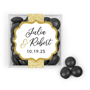 Personalized Wedding Glitter in Gold JUST CANDY favor cube with Just Candy Milk Chocolate Minis