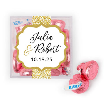 Personalized Wedding Glitter in Gold JUST CANDY favor cube with Hershey's Kisses