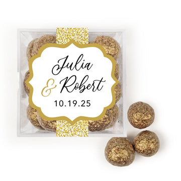 Personalized Wedding Glittery Gold JUST CANDY favor cube with Prosecco Cordials