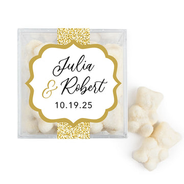 Personalized Wedding Glitter in Gold JUST CANDY favor cube with Sugar Sanded Gummy Bears
