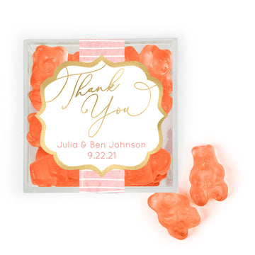 Personalized Wedding Pink Thank You JUST CANDY favor cube with Gummy Bears