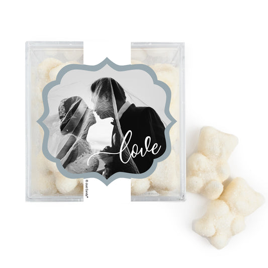 Personalized Wedding Photo Love JUST CANDY favor cube with Sugar Sanded Gummy Bears