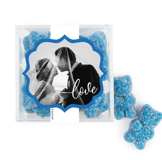 Personalized Wedding Photo Love JUST CANDY favor cube with Sugar Sanded Gummy Bears
