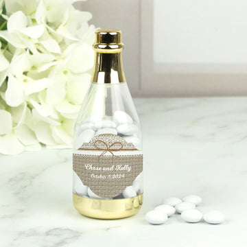 Personalized Wedding Burlap and Lace Champagne Bottle with Just Candy Chocolate Minis