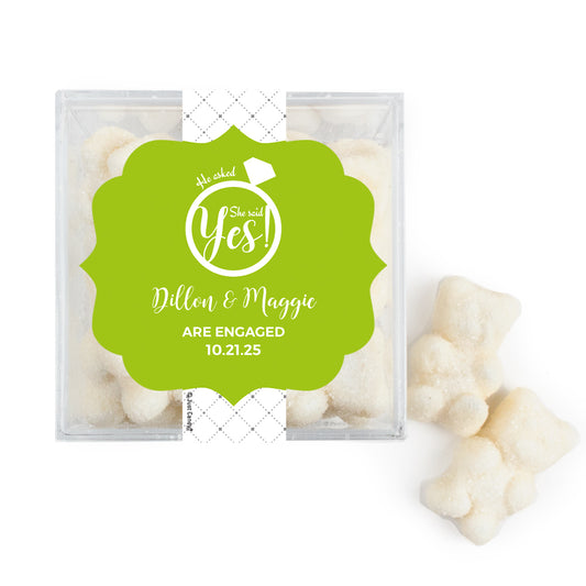 Personalized Engagement JUST CANDY® favor cube with Sugar Sanded Gummy Bears She Said Yes! Ring