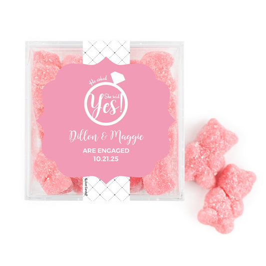 Personalized Engagement JUST CANDY favor cube with Sugar Sanded Gummy Bears She Said Yes! Ring