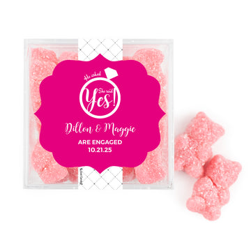 Personalized Engagement JUST CANDY favor cube with Sugar Sanded Gummy Bears She Said Yes! Ring