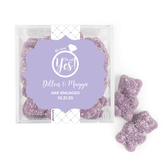 Personalized Engagement JUST CANDY® favor cube with Sugar Sanded Gummy Bears She Said Yes! Ring