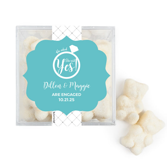 Personalized Engagement JUST CANDY favor cube with Sugar Sanded Gummy Bears She Said Yes! Ring