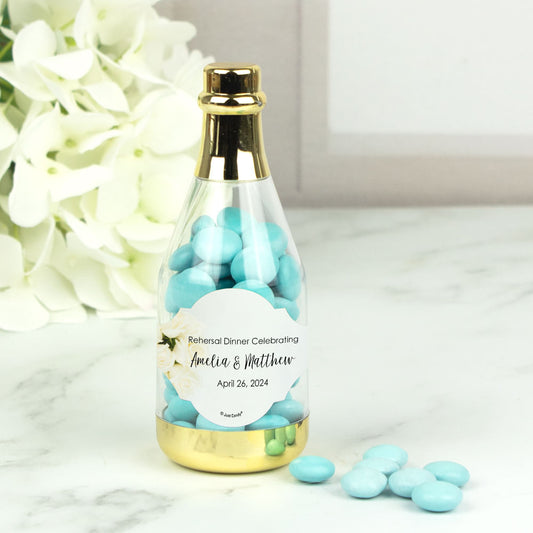 Personalized Rehearsal Dinner White Roses Champagne Bottle with Just Candy Chocolate Minis