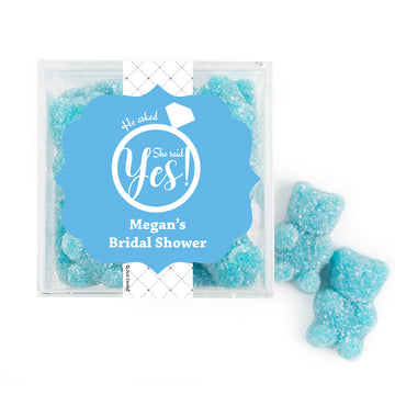 Personalized Bridal Shower She Said Yes JUST CANDY favor cube with Sugar Sanded Gummy Bears
