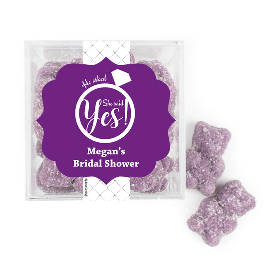 Personalized Bridal Shower She Said Yes JUST CANDY favor cube with Sugar Sanded Gummy Bears
