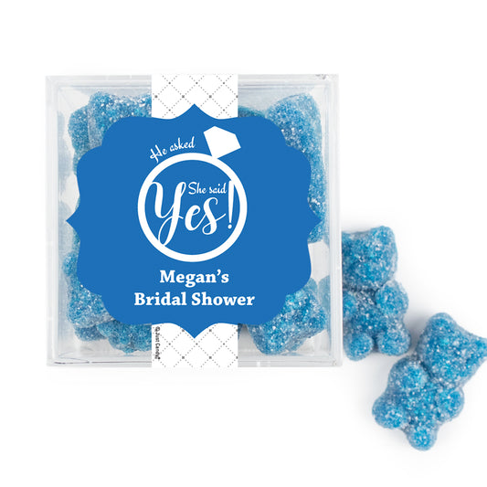 Personalized Bridal Shower She Said Yes JUST CANDY favor cube with Sugar Sanded Gummy Bears