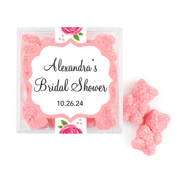 Personalized Bridal Shower Pink Floral JUST CANDY favor cube with Sugar Sanded Gummy Bears