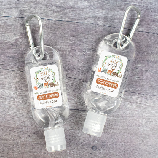Personalized Baby Shower Hello World Hand Sanitizer with Carabiner 1. fl. Oz.