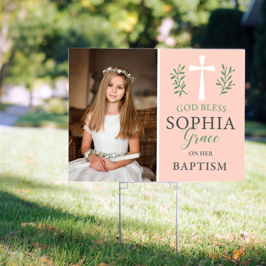 Personalized Baptism Yard Sign and Stake Pink God Bless