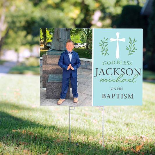 Personalized Baptism Yard Sign and Stake Blue God Bless