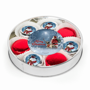 Merry Christmas Snowman Plastic Tin with Chocolate Covered Sandwich Cookies