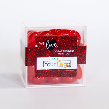 Valentine's Day Add Your Logo We Love Doing Business with You JUST CANDY favor cube with Jelly Beans